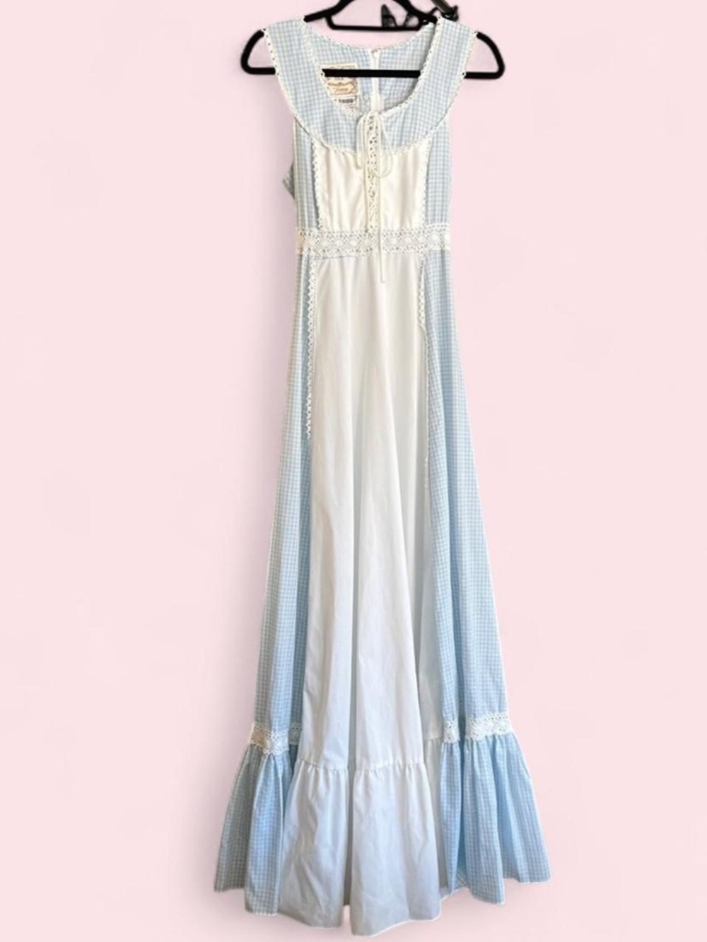 Rare 70s Gunne Sax Dress Sleeveless Light Blue Gingham Lace Corset Prairie - Picture 2 of 8